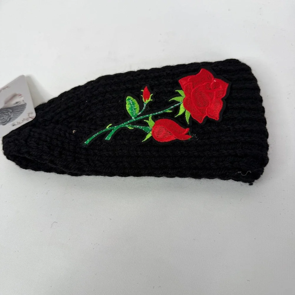 Black Knit Headband Ear Warmer Red Rose Floral Embroidery Patch New with Tags